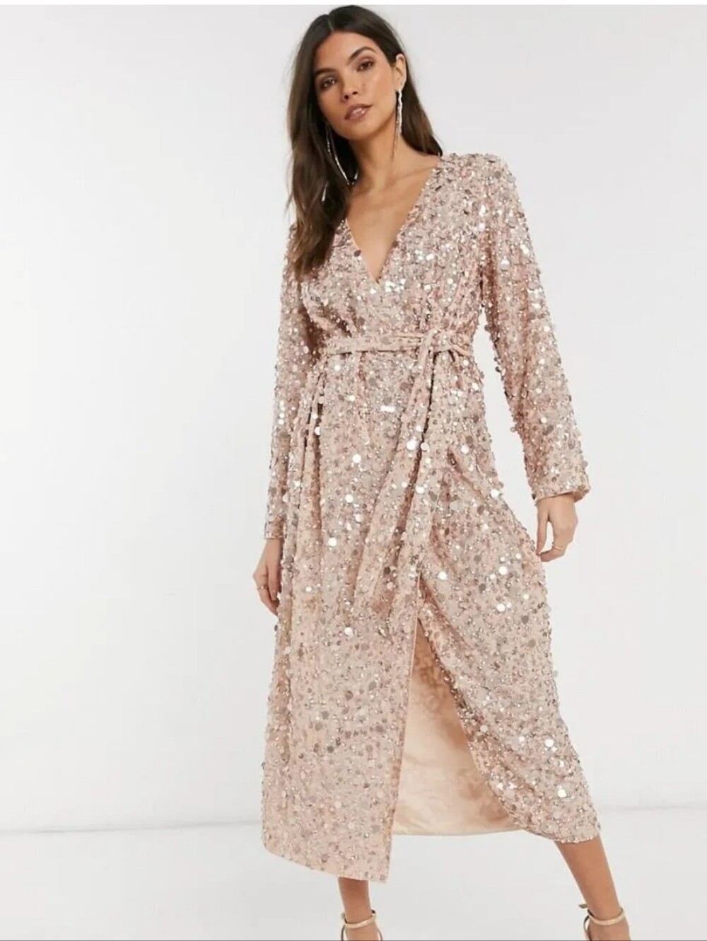 Asos Sequin Paillette Wrap Dress Midi Rose Gold Blush Formal Tie Waist Party 4